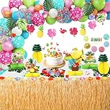 Tropische Hawaii Luau Party Deko, 102Pcs Tropische Aloha Sommer Strand Geburtstagszubehör Luftballon Gras Tischrock Honigwaben Mittelstück Flamingo Ananas Hibiskus Palm Banner Kuchen Topper