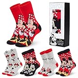 Disney Stitch Damen Socken, bunte warme Strümpfe mit Motiv, Geschenke für Frauen, Teenies, 5er-Pack (Rote Minnie Maus)