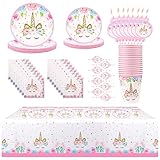 Opopark 81 Stück Einhorn Partygeschirr Set, Geburtstag Partygeschirr Einhorn Teller Set Einhorn Geburtstagsdeko Party Supplies für Mädchen Kindergeburtstag