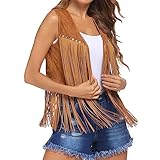 Qianderer Damen Quaste Ärmellose Weste Faux Wildleder Fransen Weste Jacke 70er Hippie Kostüm Boho Western Jacke Mantel, khaki, L