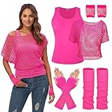 WILDPARTY 80er 90er Jahre Outfit Damen, Netzshirt, Tank top, Beinwärmer, Netzhandschuhe, Kostüm 80er Jahre Netzoberteil Damen Tops Neon Shirt 80s Aerobic Outfit Kleidung Mottoparty Clothes