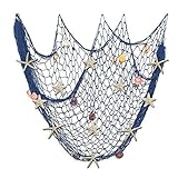 Nature Fish Net Wanddekoration mit Muscheln und 10 Stück natürlichen Seesternen Fischernetz im mediterranen Stil mit Meeresmotiven für Strandpartys Hochzeiten Fotografie Wanddekoration,150cm × 200cm