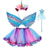 AOUVT 4 Pcs Regenbogen Einhorn Kostüm Kinder, Prinzessinnenkleid für Kinder, Einhorn Cosplay Set, Das Einhorn Party Kleid ist für Mädchen im Alter von 3 4 5 6 7 8 Jahren Geeignet (Lila)