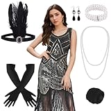 FEPITO Flapper-Kleider im Stil der 1920er Jahre für Damen, mit Fransen und Pailletten besetztes Great Gatsby-Kleid für Damen mit Accessoires im Stil der 20er Jahre, Kostüme der Roaring 20s