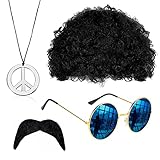 VIKSAUN Hippie Kostüm Set, Mode Afro Perücke, Sonnenbrille, Frieden Zeichen Halskette, Schnauzbart, 60er 70er Jahre Stil für Herren & Damen Fasching Karneval oder auf Festivals Thema Party (4 Psc)