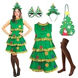 Claofoc 5 Teiliges Weihnachtsbaum Kostüm Set für Damen Erwachsene Weihnachts Outfit Grüne Pailletten Kleid Tasche Stirnband Brille Braun Socken (L)