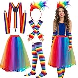 Regenbogen Kostüm Damen Karneval Bunter Tüllrock Damen Lang Feder Regenbogen Haarreif Handschuhe Socken Regenbogen Rock Kleid Damen 50er Jahre Rockabilly Kostüm Damen Fasching Tüllrock Bunt Damen Lang