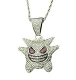 Halskette Anime Anhänger Gengar Figuren Strass Brillanten Zirkonia Unisex Herren Damen Jungen Mädchen Hip Hop Punk Trap Geschenk Farbe Silber und Edelstahl Kette, Piccola, Edelstahl, Zirkon