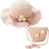 2 Stück Mädchen Sonnenhut und Strohstricktasche, Strohhut und Kleine Tasche Set mit Blumendekoration, Sonnenschutz Atmungsaktiver Kinder Sonnenhut, Sommerhut Strandhut für Reisen Outdoor (‎Rosa)