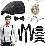 Alintor 20er Jahre Herren Accessoires, FaschingsKostüme Männer, Peaky Blinders Kostüm, Mafia Karneval Kostüm Herren, 20er Jahre Accessoires Panama Hut Taschenuhr Hosenträger Herren Kostüm Set