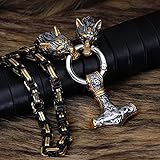 ZFSBRTL Herren Wolfskopf Mjolnir Halskette, Edelstahl Thors Hammer Amulett Anhänger Schmuck mit Großer Edelstahl Handgefertigte Byzantinische Wolfskönig Kette Gold Silber Schwarz,Gold,70cm