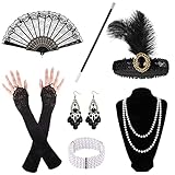 Opopark 7 Stück 20er Jahre Accessoires 1920er Accessoires Damen 20er Jahre Kostüm Damen Charleston 1920er Jahre Zubehör Set mit Stirnband Handschuhen Halskette Armband Ohrringen Spitze Faltfächer