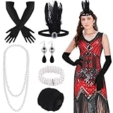 FEPITO Flapper-Kleider im Stil der 1920er Jahre für Damen, mit Fransen und Pailletten besetztes Great Gatsby-Kleid für Damen mit Accessoires im Stil der 20er Jahre(Red（style 4）,Medium)