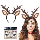 Johiux Rentier Haarreif Reh Kostüm Damen Kinder Geweih Haarreif Rentier Kostüm,Mardi Gras Weihnachten Halloween Kostüme Cosplay Party Hirsch Kostüm Zubehör Rentier Gesicht Aufkleber.（1 Sätze）