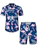 J.VER Herren Hawaiihemd Flamingo Floral Kurzarmhemd und Shorts Sommer Beach Freizeithemden Funky Party Outfit Hawaii Hemd Männer Faltenfrei Urlaub Hemd Set,Blau Flamingo,S