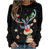 Weihnachtspullover Damen Sweatshirts Rentier Rundhals Langarm Weihnachten Pullover Casual Christmas Sweat Oberteile Merry Christmas Sweatshirt Weihnachtspulli Teenager Mädchen Pulli Tops