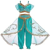 Eleasica Kinder Prinzessin Jasmin Kleid Mädchen Aladdin Kostüm Top Hose Verkleidung Geburtstagsgeschenk Weihnachten Fasching Halloween Tanzen Arabisch Cosplay,Grün,140