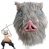 TZLCOS Demon Slayer Hashibira Inosuke Maske Latex Anime Haarig Wildschwein Kopfbedeckung Cosplay Maskerade Halloween Zubehör, Grau