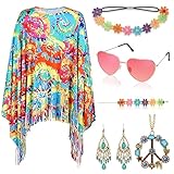 Alintor Hippie Kostüm Damen, 70er Jahre Bekleidung Damen mit Hippie Accessoires Set, Fasching Karneval Kostüm Damen, Kostüm Hippie Frau, Flower Power Kleidung Damen, 70er Jahre Outfit Damen