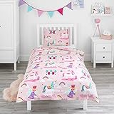 Bloomsbury Mill - Kinderbettwäsche 135x200 - Einhorn Bettwäsche Mädchen 135x200 - Prinzessin und Regenbögen - Kinder Wendebettwäsche und Kissenbezug Set - Rosa & Lila Einzelbettwäsche-Set