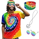 XonyiCos Hippie-Kostüm für Herren und Damen, 60er- und 70er-Jahre-Stil, buntes T-Shirt, Sonnenbrille, Stirnband, Friedenskette, 4-teiliges Themenparty (T-Shirt, 4-teiliges Set, groß)