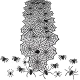 Halloween Tischdeko - Tischläufer Spinnennetze und 12Pcs Spinnen Dekoration Set,Spinnweben Party Schwarz Tischband mit Spitze Tisch Läufer Tischdecke Spinnen Accessories(180×45cm)