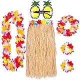 REDSTAR 6er Hawaii Hula Set – Hawaii Kostüm Damen mit Bastrock, Hawaii Kette Blumen und Ananas Brille – Wähle aus Natur- oder Buntem Rock – Hawaii Outfit Damen