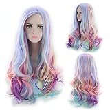 ATAYOU Regenbogen Cosplay Damen Perücke für Halloween Karneval Kostüm, Lange Locken Regenbogen Haar Perücke Mit Perücke Kappe(Mehrfarbig)