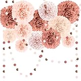 VORHOT Pompons Deko Hochzeit, 15 Stück Pompom Girlande Champagner mit 3m Girlande, Seidenpapier Pompons Deko, Deko Hochzeit Vintage Oompons für Hochzeit, Geburtstag, Vintage-Partys