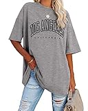 Ebifin Oversize T Shirt Damen Vintage Kurzärmeliges Rundhals Los Angeles Oberteile Tops Casual Lockere Basic Sommer Tee Shirts Bluse.Hellgrau.XL