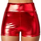 dressforfun 901007 Damen Metallic Hotpants, glänzende Shorts mit hoher Taille, eng anliegende kurze Hose für Tanz Sport Disco Kostüm Fasching Karneval - diverse Größen - (XL | rot | Nr. 303585)