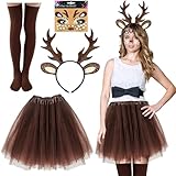 Reh Kostüm Damen mit Brauner Tüllrock Damen Reh Geweih Haarreif Tattoo Socken Rentier Kostüm Erwachsene Karneval Kostüm Damen Reh Bambi Kostüm Damen Tütü Rock Braun Rehkitz Kostüm Damen Fasching