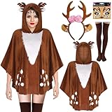 ATOWORLD Reh Kostüm Damen mit Geweih Haarreif Tattoo Socken Rentier Kostüm Erwachsene Damen Frauen Bambi Kostüm Damen karneval kostüm Damen Reh Poncho Umhang Rehkitz Hirsch Kostüm Damen für Fasching