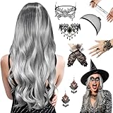 Perücke Halloween Damen,Perücke Frauen Kostüm,68cm Grau Lang Wellte Lockig Haare,Grey Wig Lang Haar Gelockt, Hexenperücke Gotisch Halskette Armbänder,für Halloween Karneval,Fasching,Mottoparty