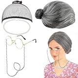 Aurasky Oma Perücke Kostüm Set, 5 Stück Alte Dame Perücke Old Lady Kostüm Cosplay Zubehör, Großmutter Perücke Perücke Kappe Oma Brille Brillen mit Ketten Perlenkette für Karneval Halloween