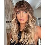 BLONDE UNICORN Braune Perücke mit Pony,Braune Mischung Blonde Highlight Wellige Perücken für Frauen,Schulterlange Lockige synthetische Haar Perücke für Party Täglich Gebrauch 18IN