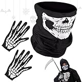 Leonshco Totenkopf Maske + Skelett Handschuhe, Schädel Gesicht Schlauch Maske, Halloween-Totenkopf Gesichtsmaske, Halloween-Kostümpartydekorationen, Fahrrad-Ski-Motorrad Maske Totenkopfmaske
