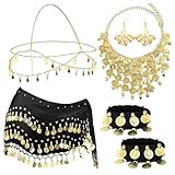 SOETDERT 7 Sets Bauchtanz Accessoires Damen, Bauchtanz Hüfttuch mit Goldmünze Halskette, Ohrringe, Armbänder und Kopfschmuck, Bauchtanz Kostüm Damen für Karneval, Mottoparty, Belly Dance