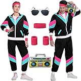 80er Jahre Kostüm Trainingsanzug Pop Art für Retro Stil Bad Geschmack Party Assi Anzug Proll Anzug Assi Jahre 80er 90er Jahre Outfit Kleidung Accessoires für Damen Herren Jogginganzug Schwarz G045XXL
