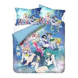 Sailor Moon Anime Bettwäsche-Sets Cartoon 3D-gedrucktes Polyestergewebe 1 Bettbezug + 1/2 Kissenbezüge (keine Bettdecke) Farbe blau