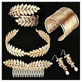 Lorbeerkranz Haarreif Kopfschmuck Gold Set, Griechische Göttin Goldener Schmuck Kostüm Zubehör Damen, Goldene Krone Stirnband Blatt Spule Oberarmreif Armband Ohrringe Metall Haarschmuck Accessoires