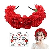 Meleager Blumen Haarreif, Rosen Haarreif Rot, Haarreif Blumen Karneval, Dia de Muertos Haarreif, Temporäres Gesichtstattoo, 2 Stück Kostüm Accessoires für Karneval, Tag der Toten, Halloween