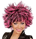 Damen Stufen Kurzhaar-Perücke Steamy Schwarz mit farbigen Strähnen Punker Rockstar stufig Kunsthaar, Farbe:Schwarz-Pink