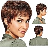 YXSHZ Braune Kurzhaarperücken für Damen, flauschig, lockig, mit Pony, Synthetik Perücken, Kurzschicht, Mischung, blond, hitzebeständig, Vollperücken (braun)