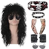 7 Stück Vokuhila Perücke Herren Kostüm Set -TOMIGO Schwarz Vintage Hip Hop Rocker Star 70er 80er Jahre Perücke für Damen/Herren Halloween Karneval (schwarz)