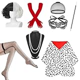Cruella Kostüm Damen,Perücke Cruella Deville Kostüm,Halb Schwarz Halb Weiß Kurze Perücken,mit Faux Schal Handschuhe+Perückenkappe+Spitze Maske+Holder+Perlenkette Halskette Set für Halloween Karneval