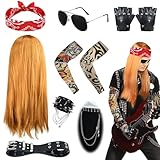 Ulikey 70er 80er Jahre Rocker-Kostüm für Herren, 11 PCS Punk Gothic Rocker Kit mit Perücke Tattoo Sleeves Handschuhe Gürtel Punk Kette, Karneval Party Schwermetall Disco Rocker Outfit Kostüm Zubehör