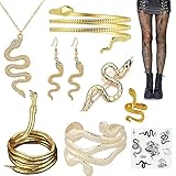 XHBTS Schlangen-Schmuck-Set, Armband, Ohrringe, Ring, Haarspange, Netzstrumpfhose, Tattoo-Aufkleber, Halsband, Halskette für Halloween-Party, 10 Stück, Metall, Kein edelstein