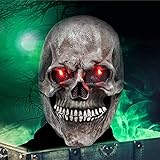 VAZILLIO Halloween Maske, Realistische Halloween Totenkopfmaske ，LED Glow -in-the-Dark Augen Skelettmaske für Erwachsene, Latex Gruselmaske mit beweglichem Kinn, Halloween Dekoration, Cosplay