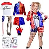Luclay HK Cos Quinn Kostüme für Erwachsene Mädchen- Damen Karneval Bösewicht Suicide Faschings Cosplay Kostüme mit Jacke T-Shirt Shorts Tattoo Handschuh Netzstrümpfe für Halloween Cosplay Kostüme